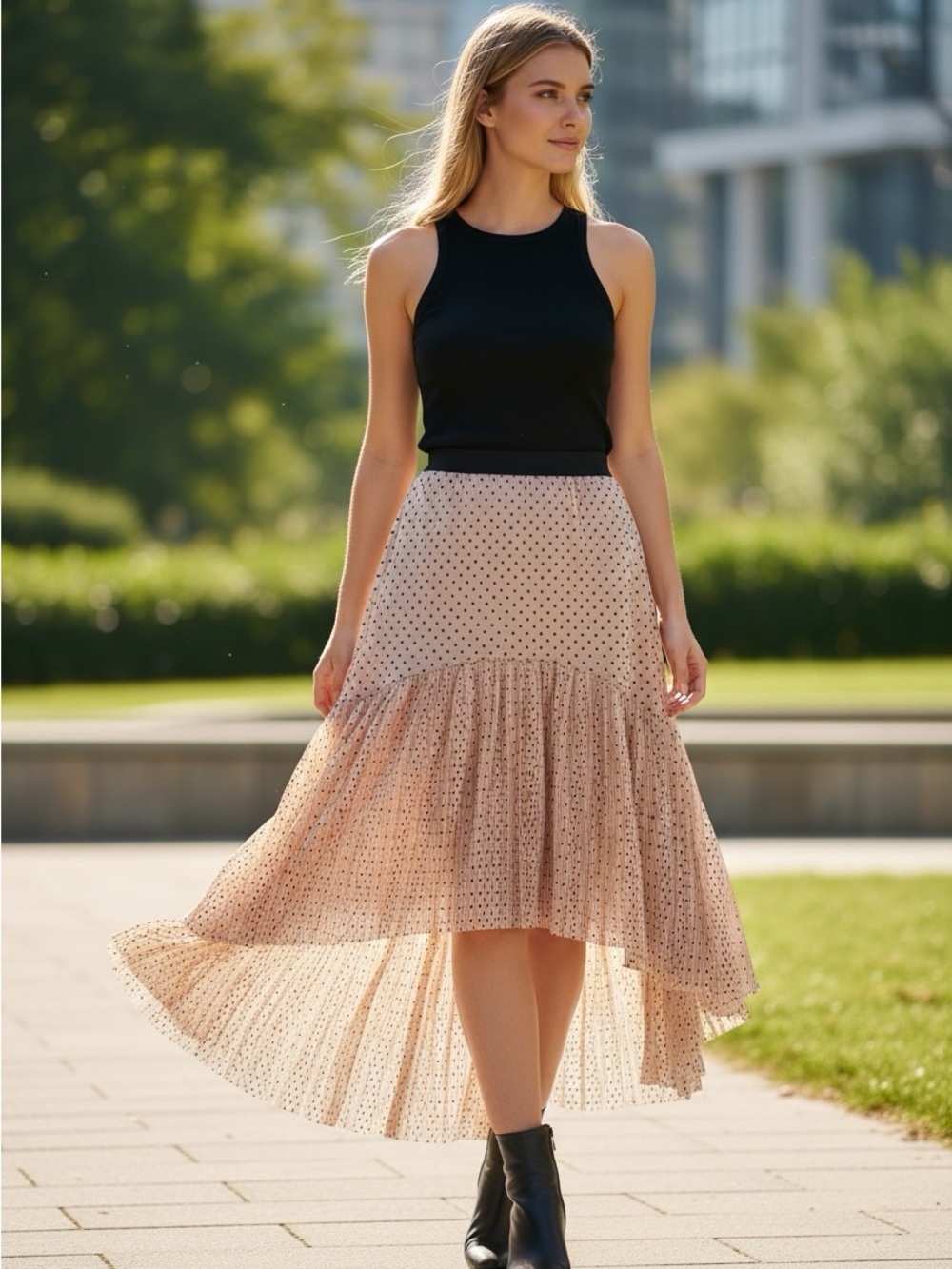 All saints Asymmetric Tulle Midi skirt Nude Polka dot High-low Hem Ballet core S